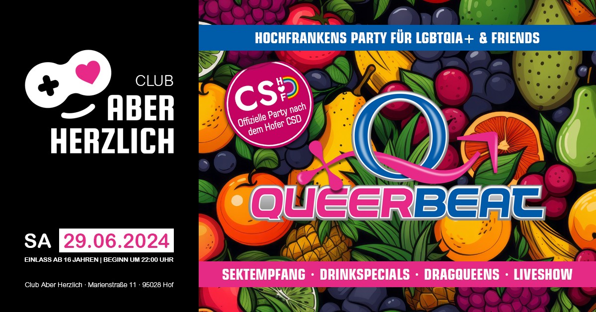 Queerbeat – Hochfrankens Party für LGBTQIA+ & Friends am 29.06.2024 im Club Aber Herzlich